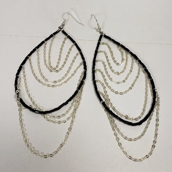 Women's Silver tone Dangling Chain - Black Beaded Hoop Fishhook Drop Earrings - Picture 1 of 6